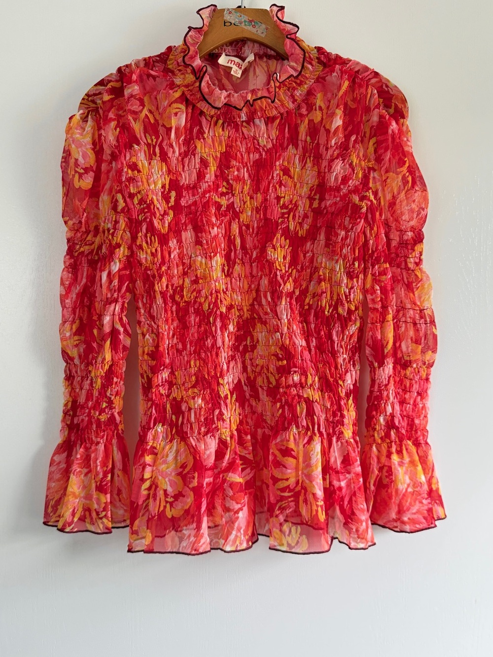 Mazik Red and Yellow Floral Smocked Ruffle-Neck Blouse